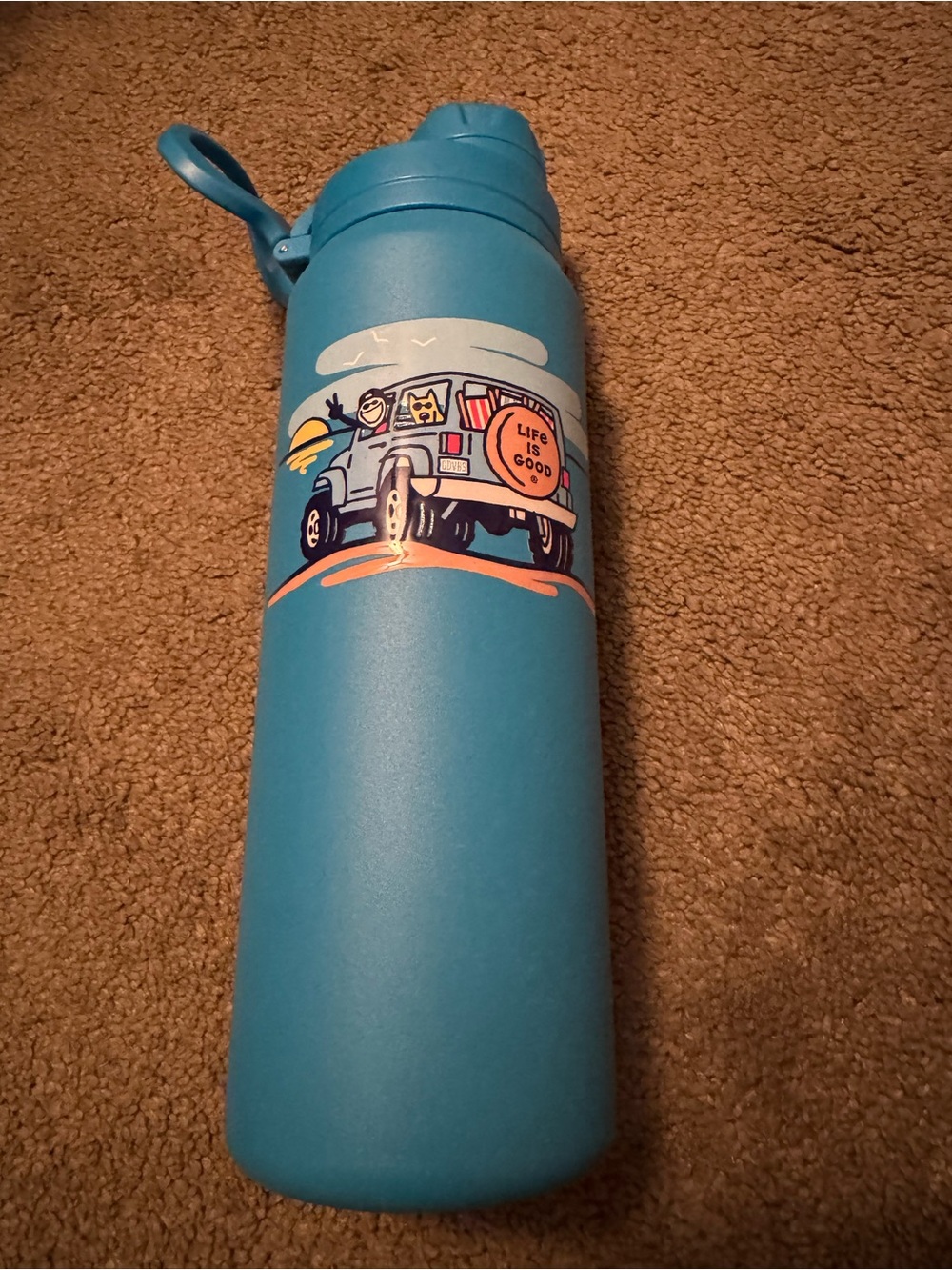 Life Is Good Blue Water Bottle Print with Playful Car Illustration